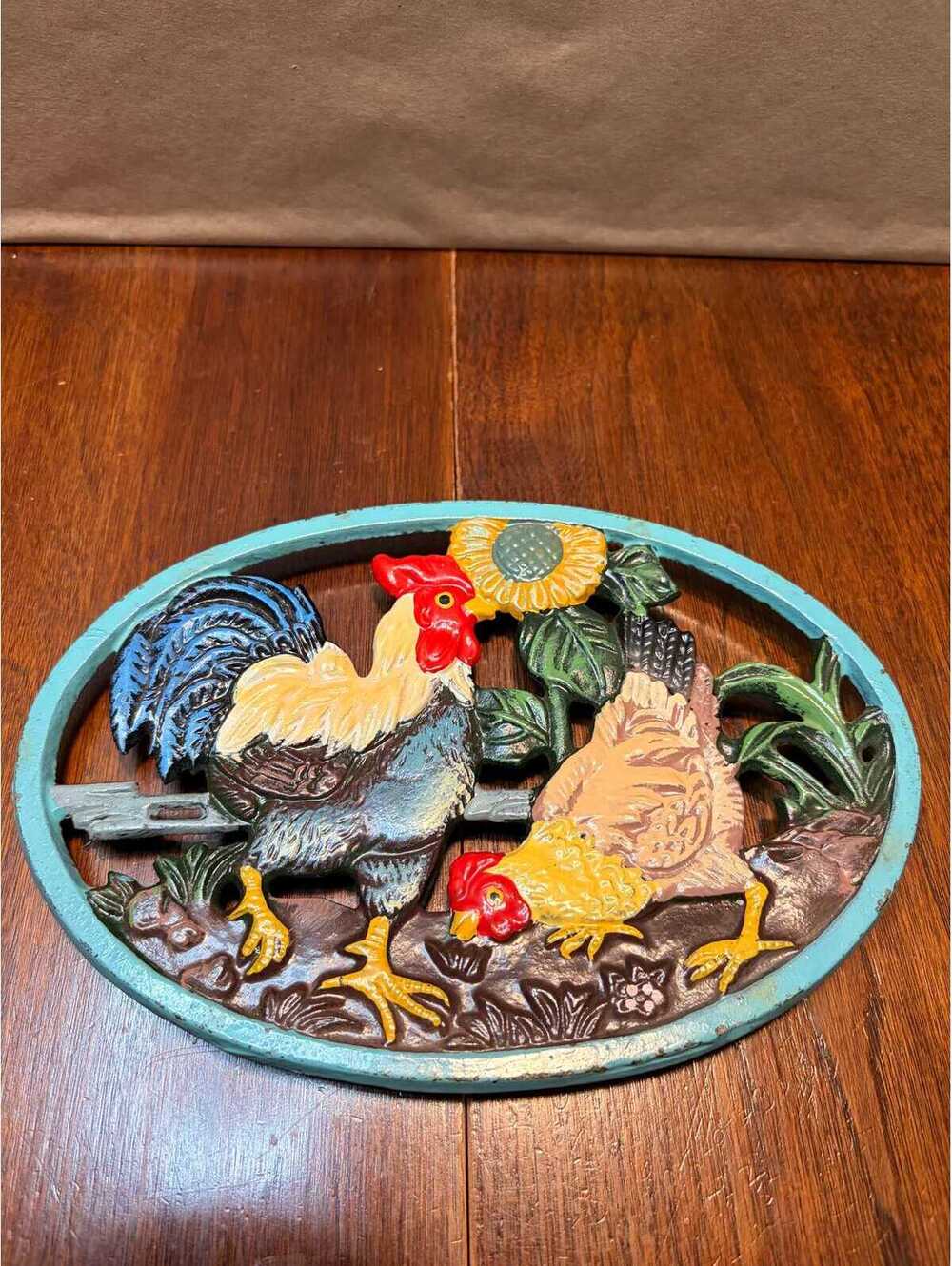 Vintage Cast Iron Rooster & Hen Trivet Hand Painted Farmhouse 8.5 x 6 Inches
